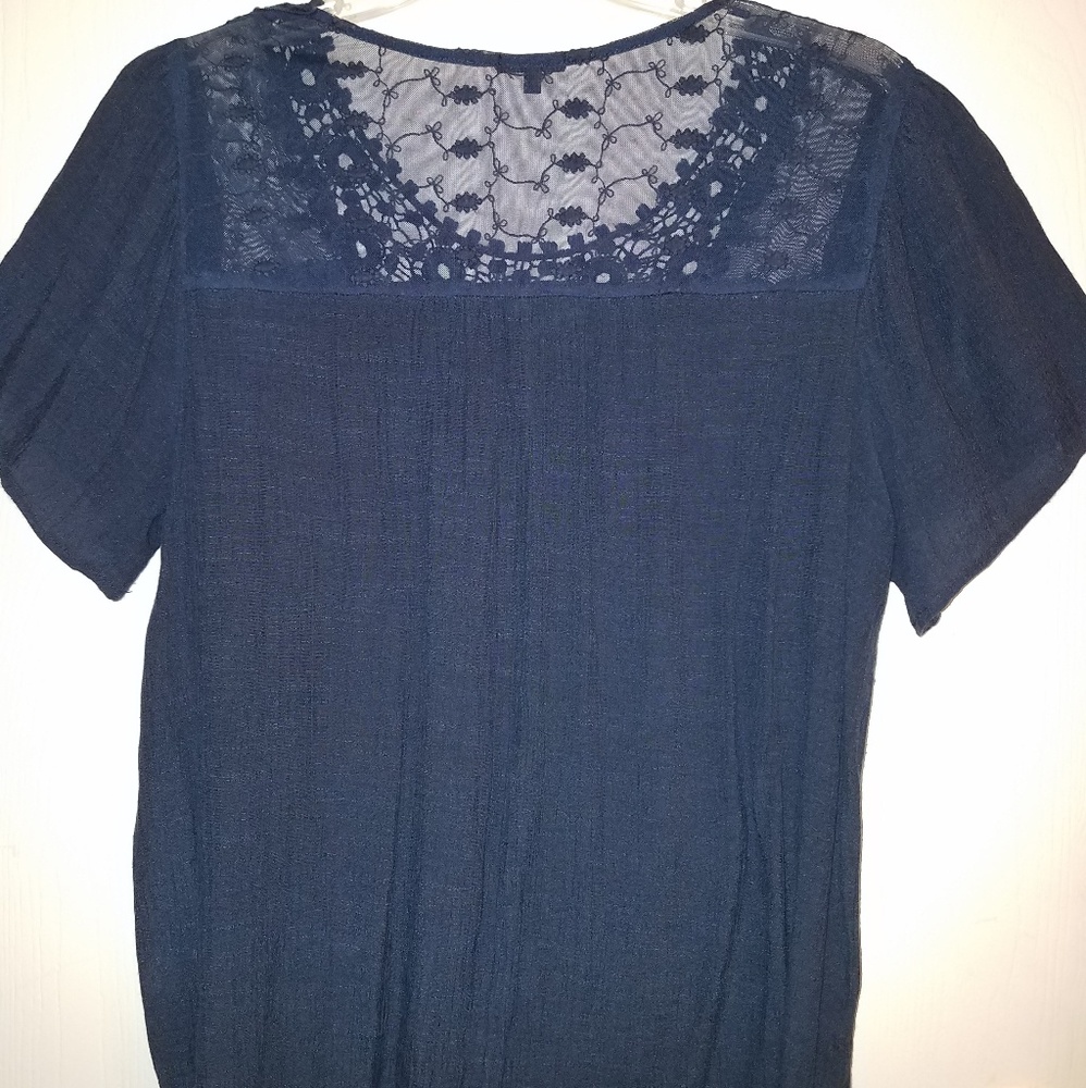 Navy Lacy Scooped Neck with Capped Sleeves